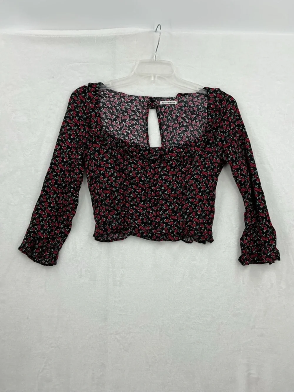 Reformation Black Square-Neck Floral Smocked Top 787